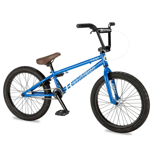 Eastern Bike Lowdown 20" BMX Bike in blue, perfect for beginner riders with chromoly cranks and sealed hubs.