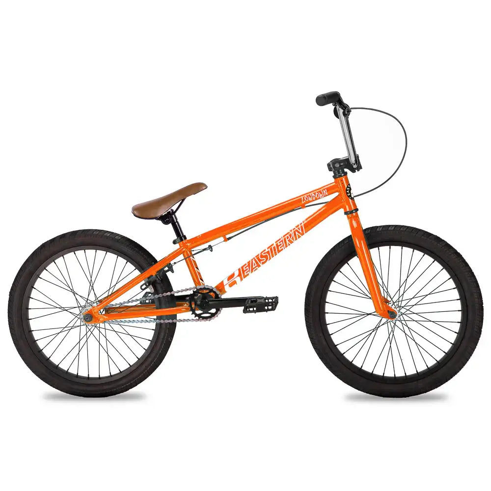 Eastern Lowdown 20" BMX bike in vibrant orange, ideal for beginner riders featuring 3pc cranks and sealed hubs.