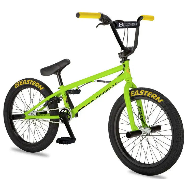 Eastern Bike Orbit BMX in bright green with yellow handlebars, designed for beginners with sealed hubs and chromoly frame.