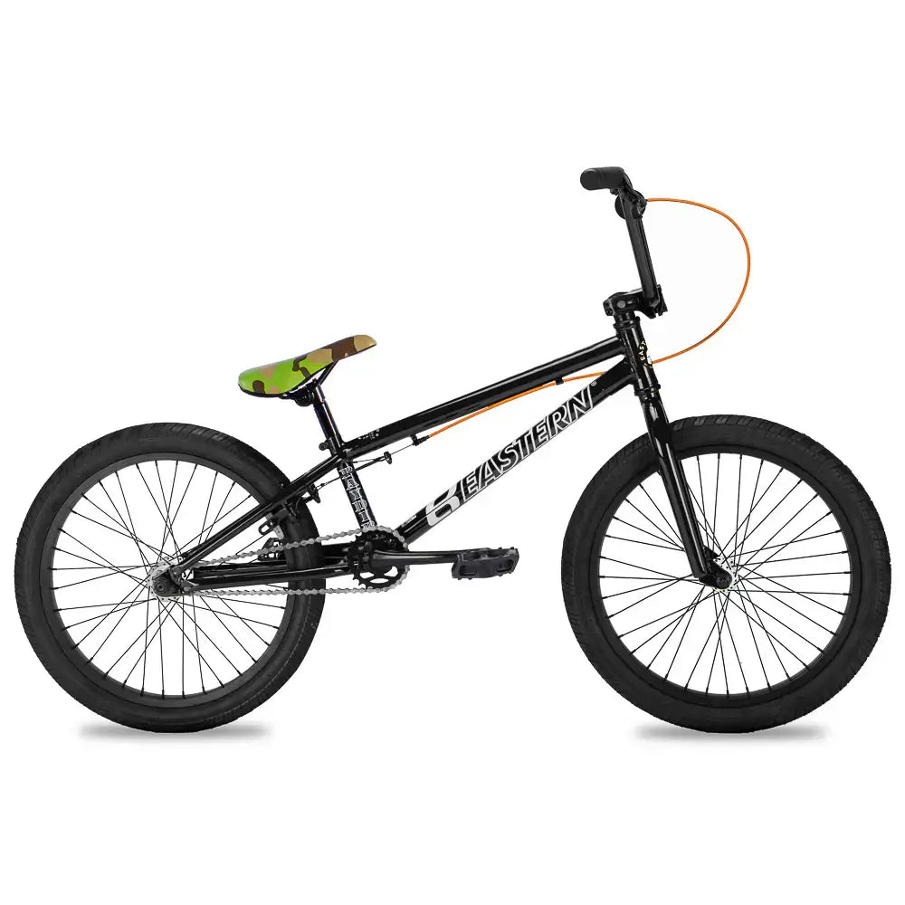 Eastern Bikes Paydirt 20" BMX Bike for beginners, featuring forged cranks and sealed hubs in sleek black design.