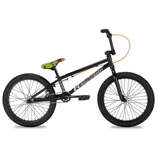 Eastern Bikes Paydirt 20" BMX Bike for beginners, featuring forged cranks and sealed hubs in sleek black design.