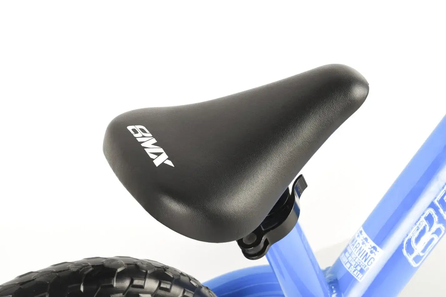 Close-up of the black seat on the Eastern Pusher Balance Bike, designed for young riders transitioning to BMX.