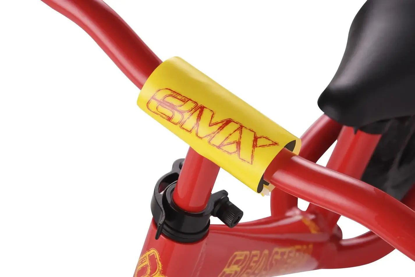 Close-up of the Eastern Pusher Balance Bike handlebars with bright yellow grip and clamp, showcasing its lightweight design.