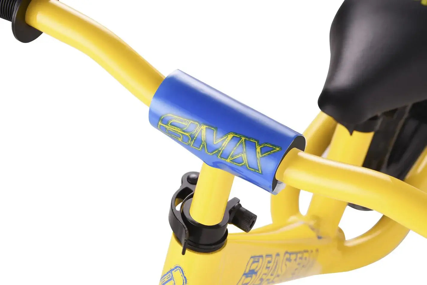 Close-up of Eastern Pusher Balance Bike handlebars showcasing the durable blue clamp and super lightweight design.
