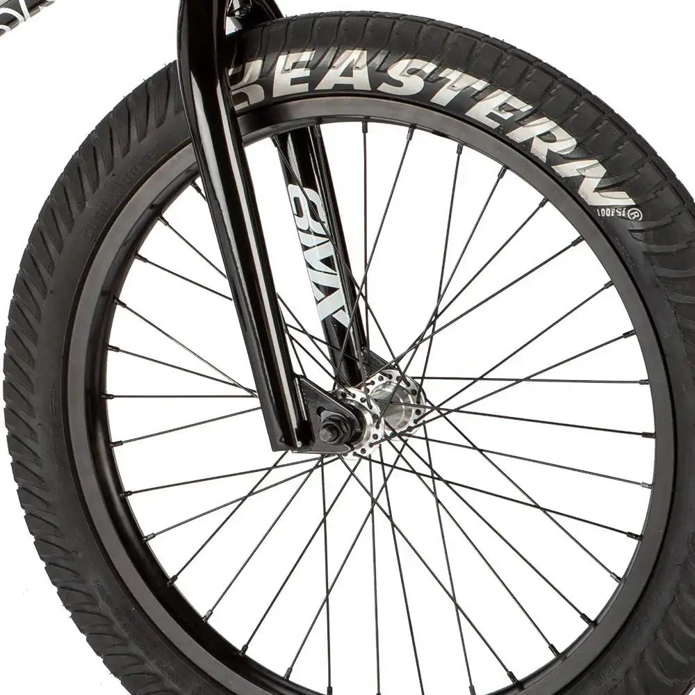 Close-up of Eastern Thunderbird V2 bike wheel showing chromoly fork and Curb Monkey tire design for durability.
