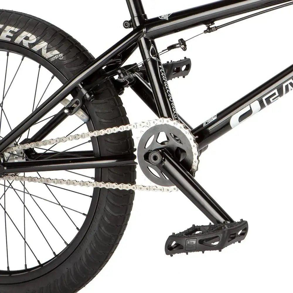 Close-up of Eastern Bike Thunderbird V2's chromoly frame, cranks, and pedals showcasing lightweight performance.