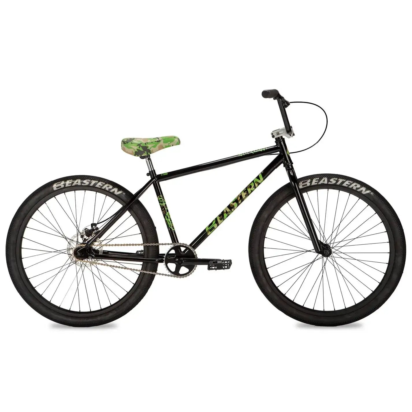 Eastern Growler LTD BMX bike in black with green and camo accents, featuring Eastern logo tires and stylish flangeless grips.