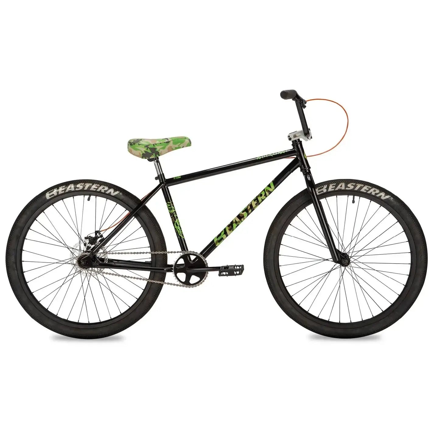 Eastern Bike Growler with black frame, green camouflage seat, and Eastern logo tires, designed for BMX enthusiasts.