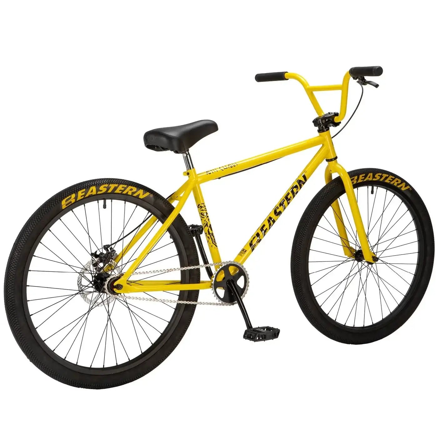 Eastern Bike Growler in bright yellow with Eastern logo tires and mechanical disc brakes, perfect for BMX enthusiasts.