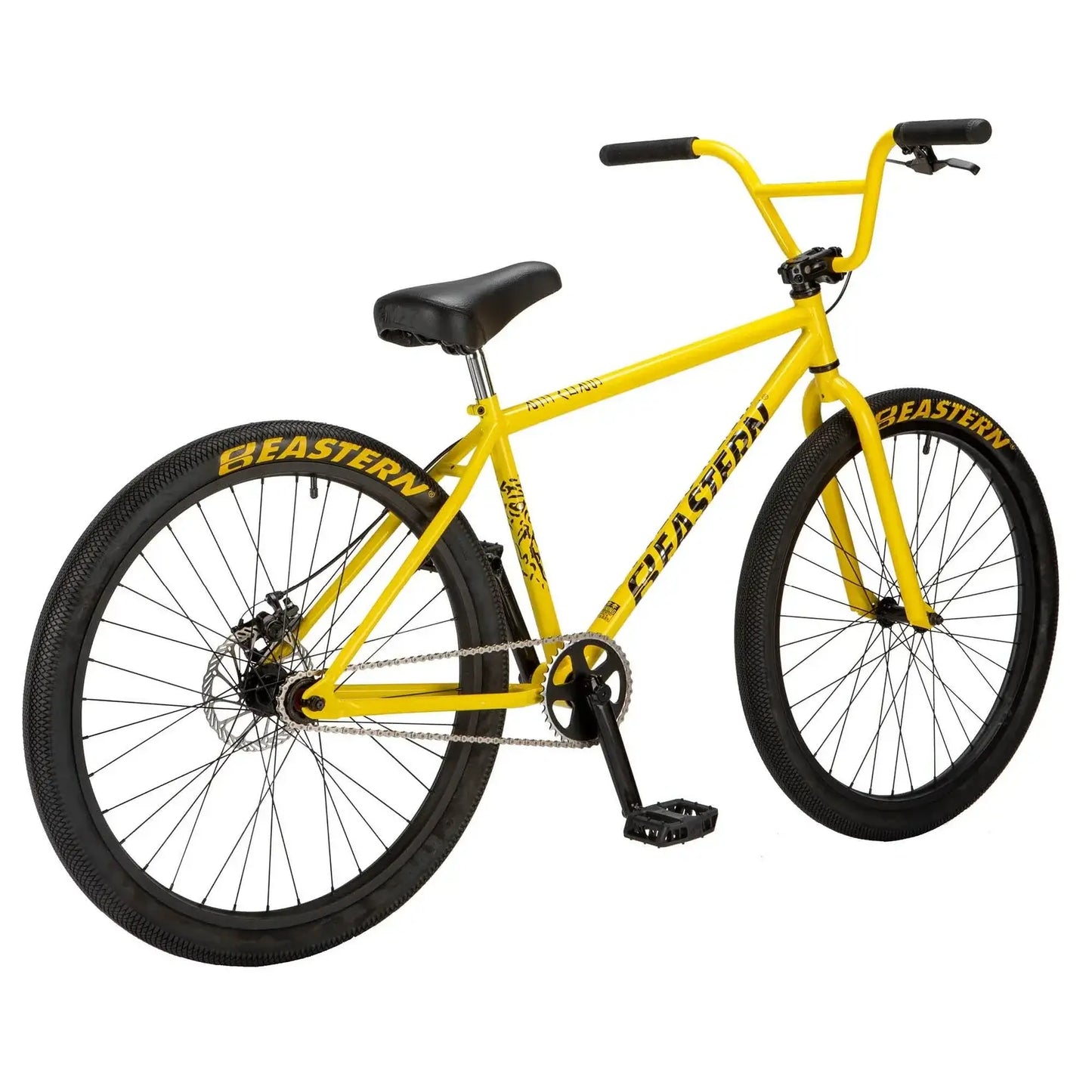 Eastern Growler LTD BMX bike in yellow with Eastern logo tires and flangeless grips, showcasing its smooth utility and rugged design.