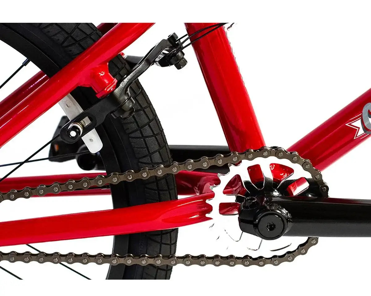Close-up view of the red Colony Horizon BMX bike's chain, crank, and frame showcasing its lightweight design.