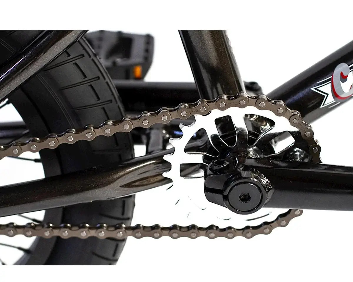 Close-up of the chain and crankset on the Colony Horizon 20" BMX bike showcasing its precision engineering.