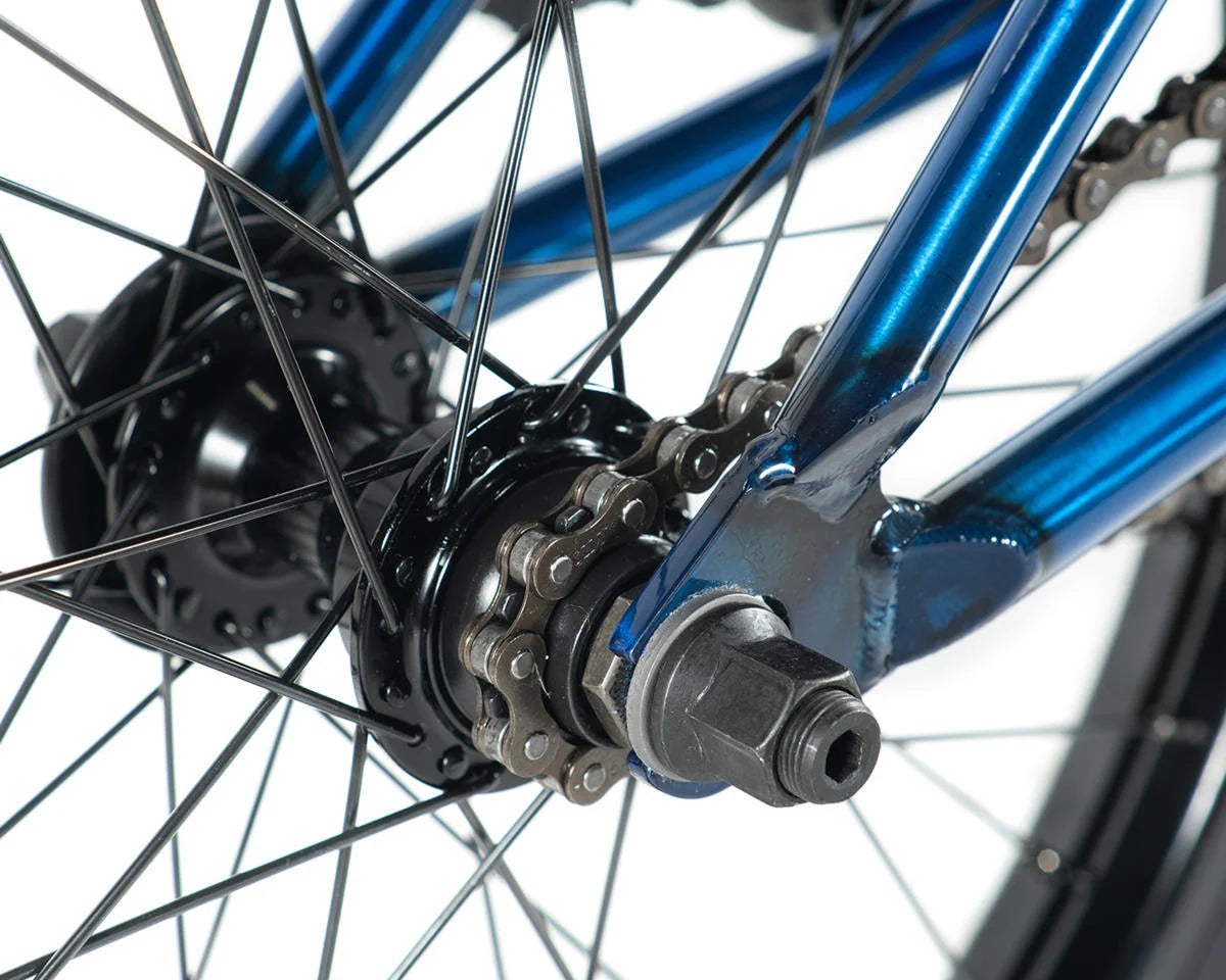 Close-up of the rear hub and chain on a Colony Premise 20" BMX bike showcasing its durable components.