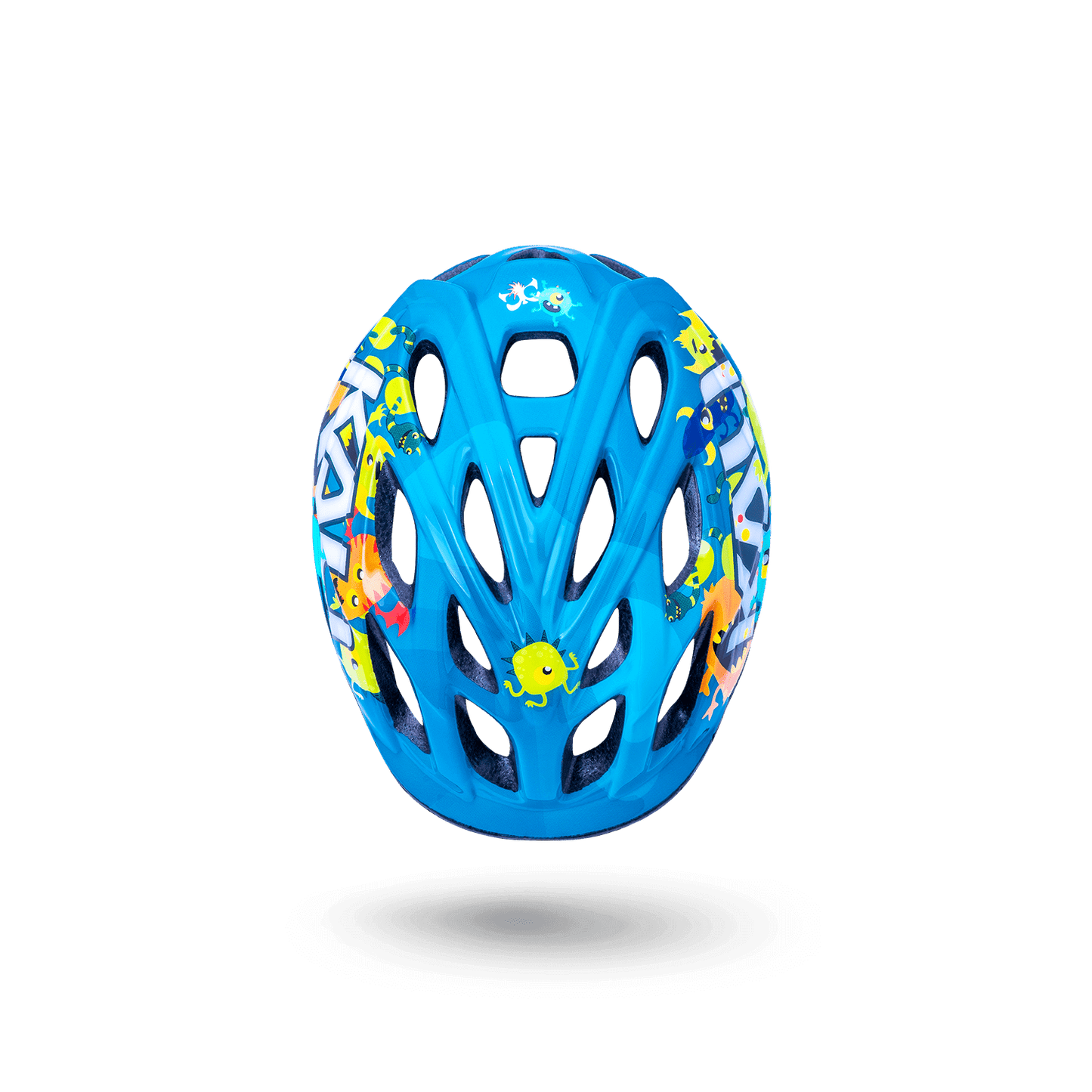 Colorful blue bicycle helmet for kids featuring cartoon fish, designed for safety and comfort for young riders.