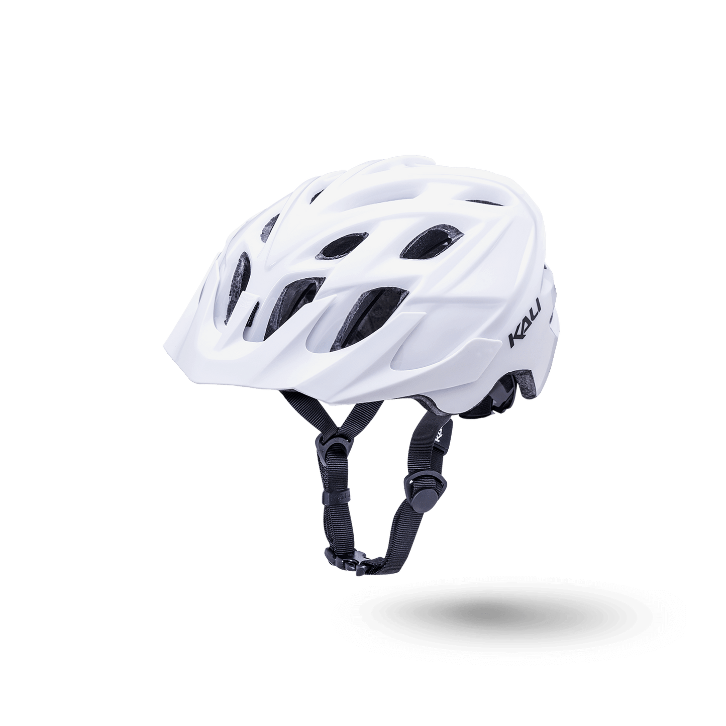 White Kali helmet with adjustable straps, designed for safety and comfort during cycling.