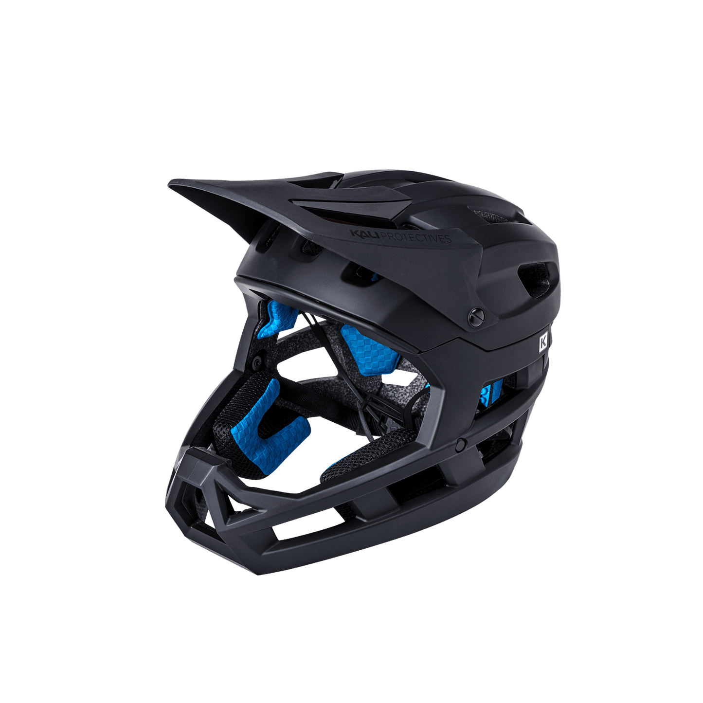 DH Invader helmet in matte black with blue padding, designed for maximum protection and performance in extreme sports.