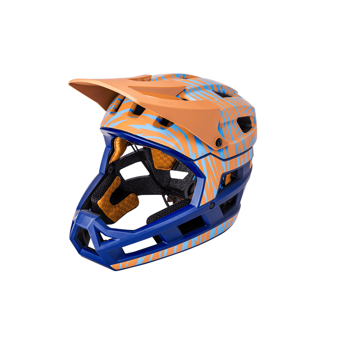 DH Invader helmet in orange and blue, designed for enhanced protection and performance in outdoor sports.