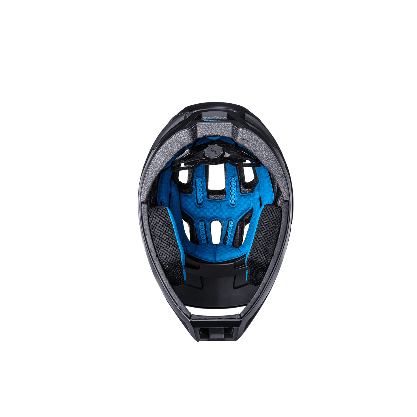 Interior view of the DH Invader helmet, showcasing its blue padding and protective design for optimal safety.