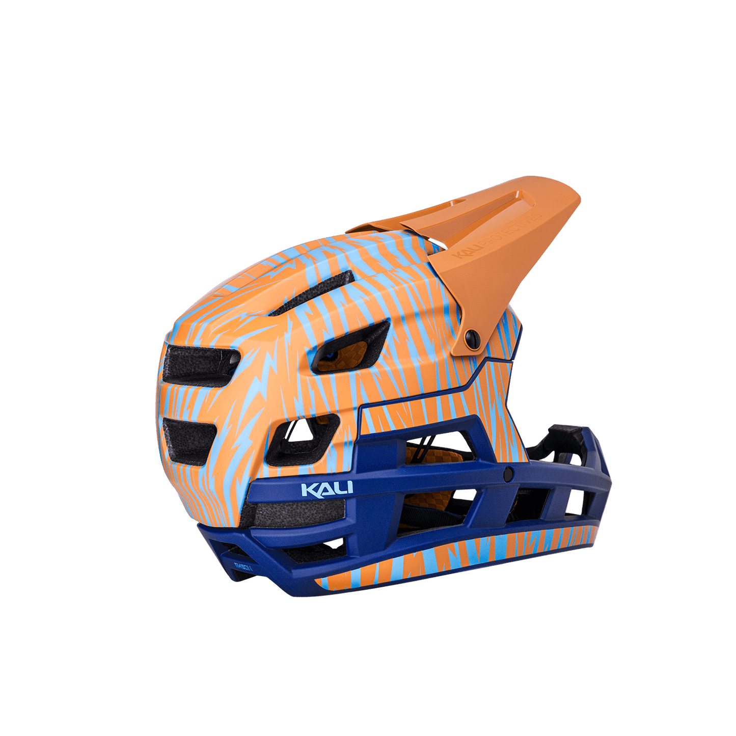 DH Invader helmet with orange and blue design, offering enhanced protection for biking adventures.