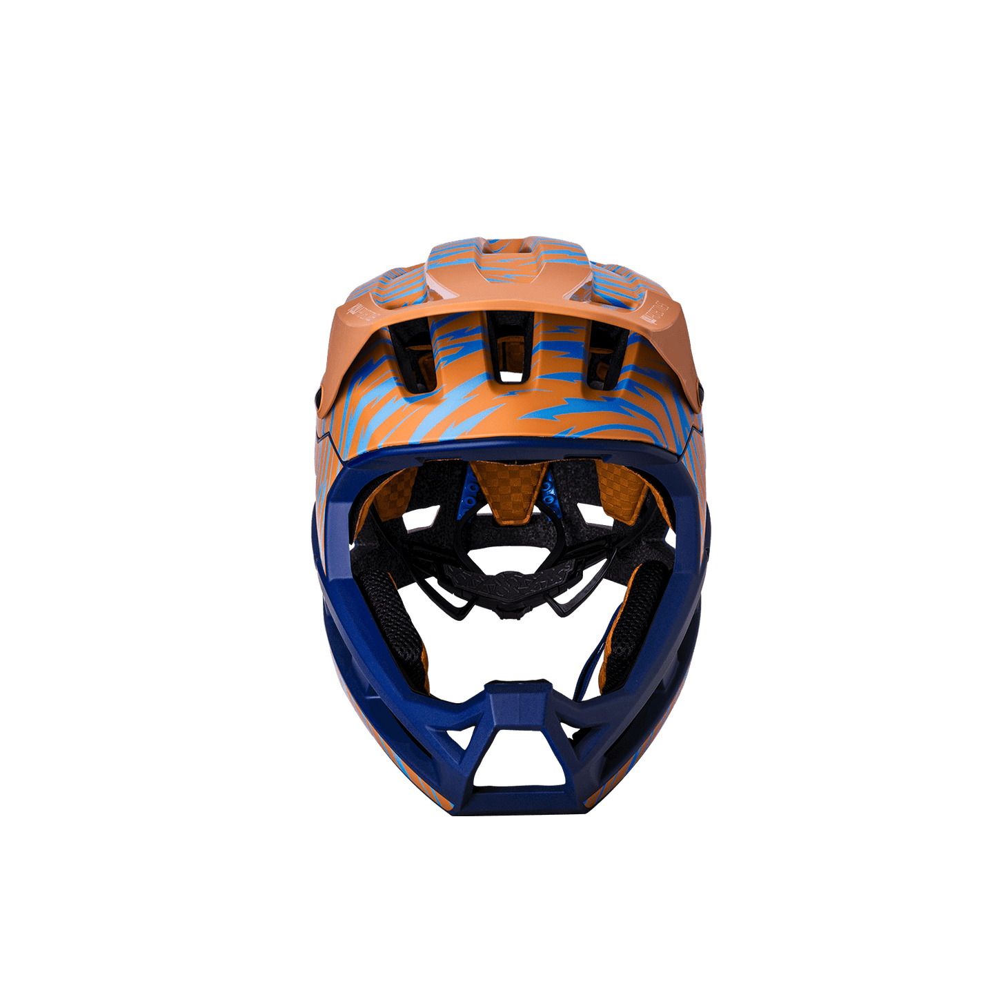 DH Invader helmet showcasing vibrant orange and blue design, offering advanced protection for cyclists.