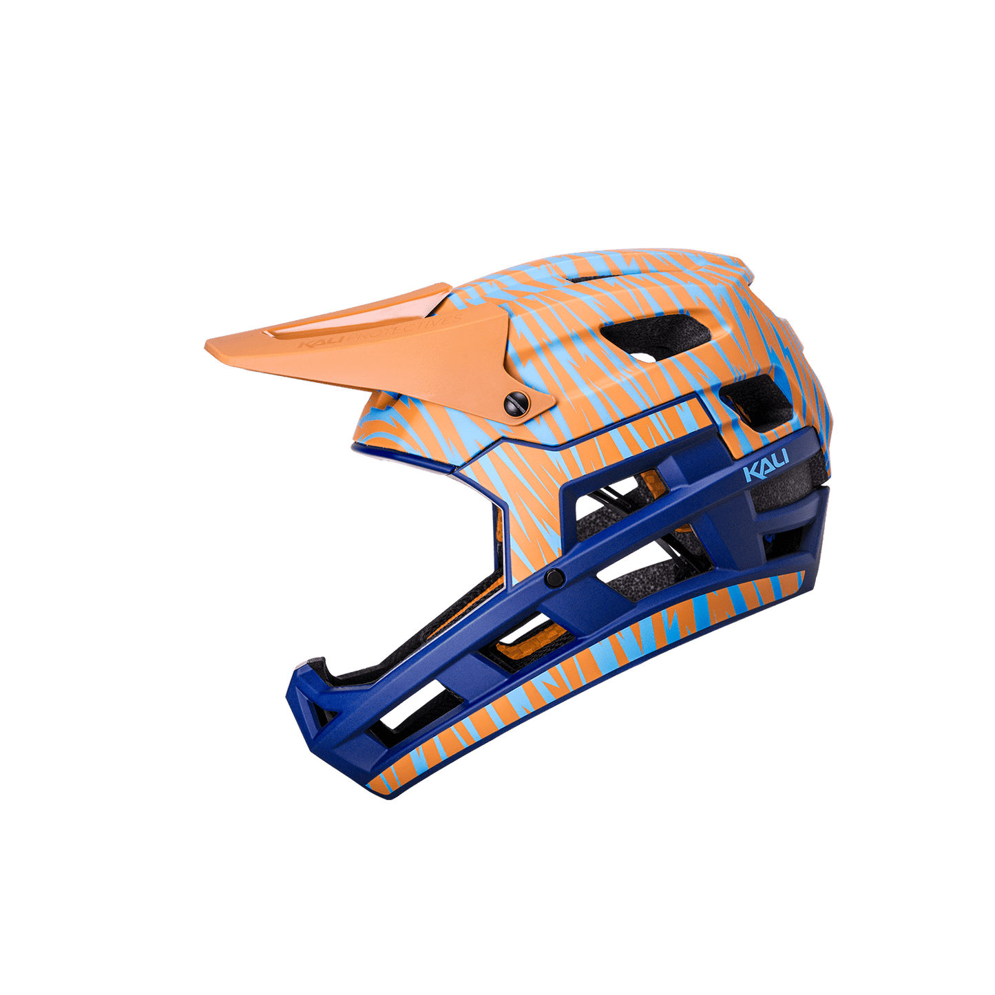 DH Invader helmet showcasing vibrant orange and blue design, enhancing safety and performance for downhill biking.