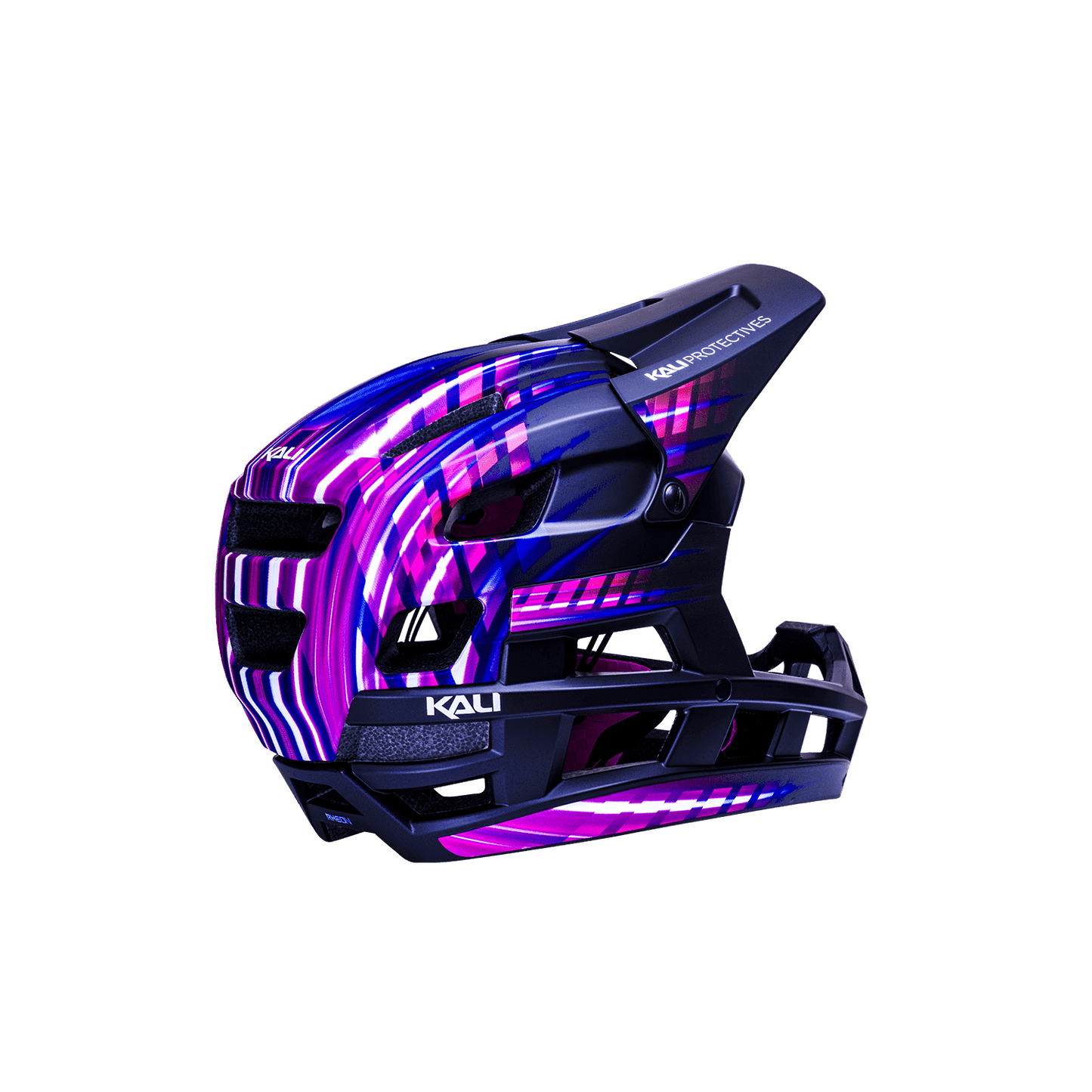 Vibrant purple and blue DH Invader helmet featuring enhanced protection for ultimate safety.