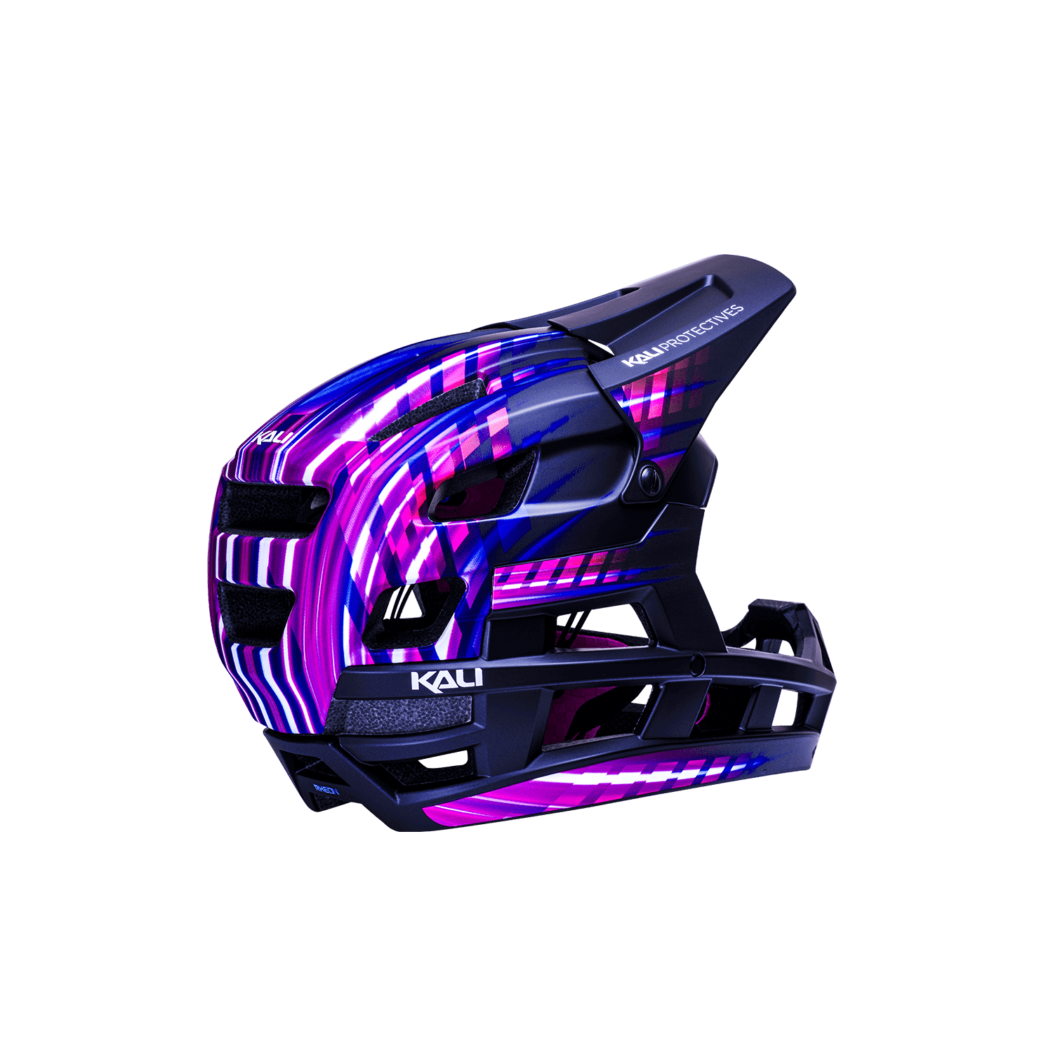Vibrant purple and blue DH Invader helmet featuring enhanced protection for ultimate safety.