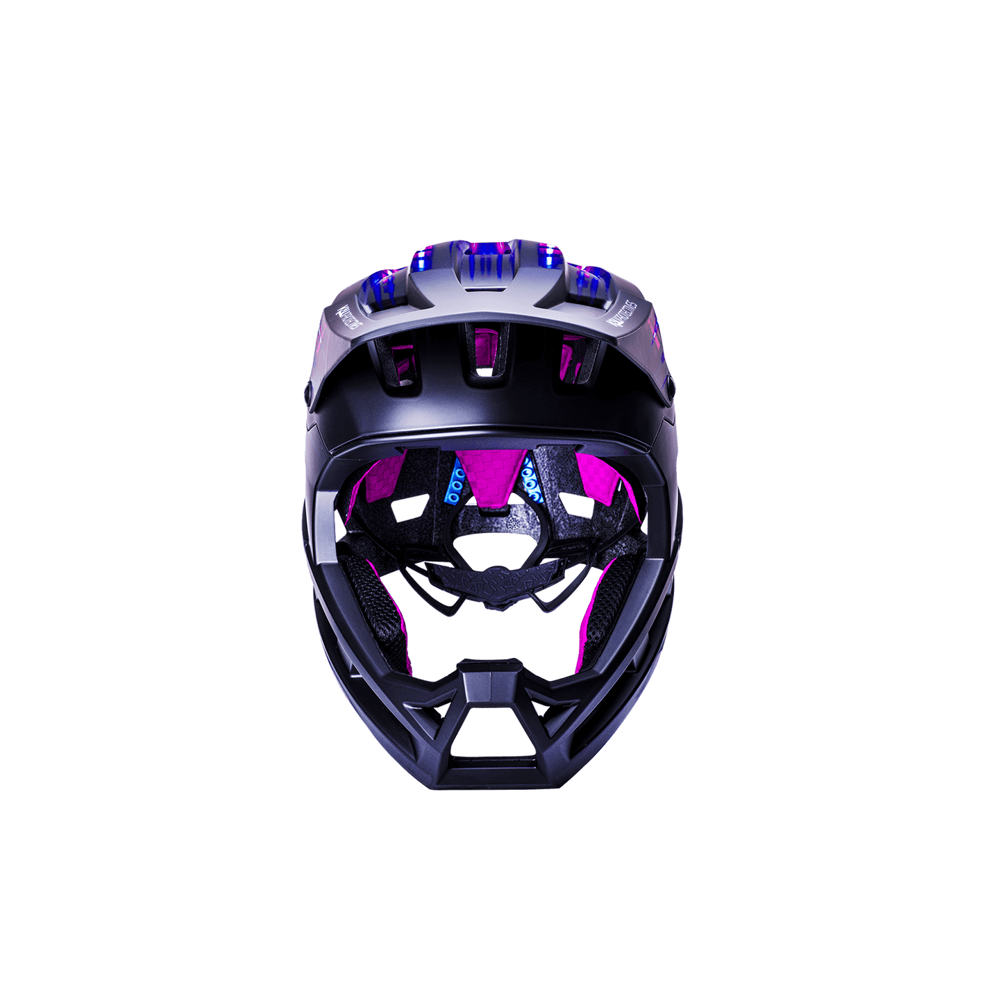 Front view of DH Invader helmet with purple accents, designed for enhanced protection and comfort.