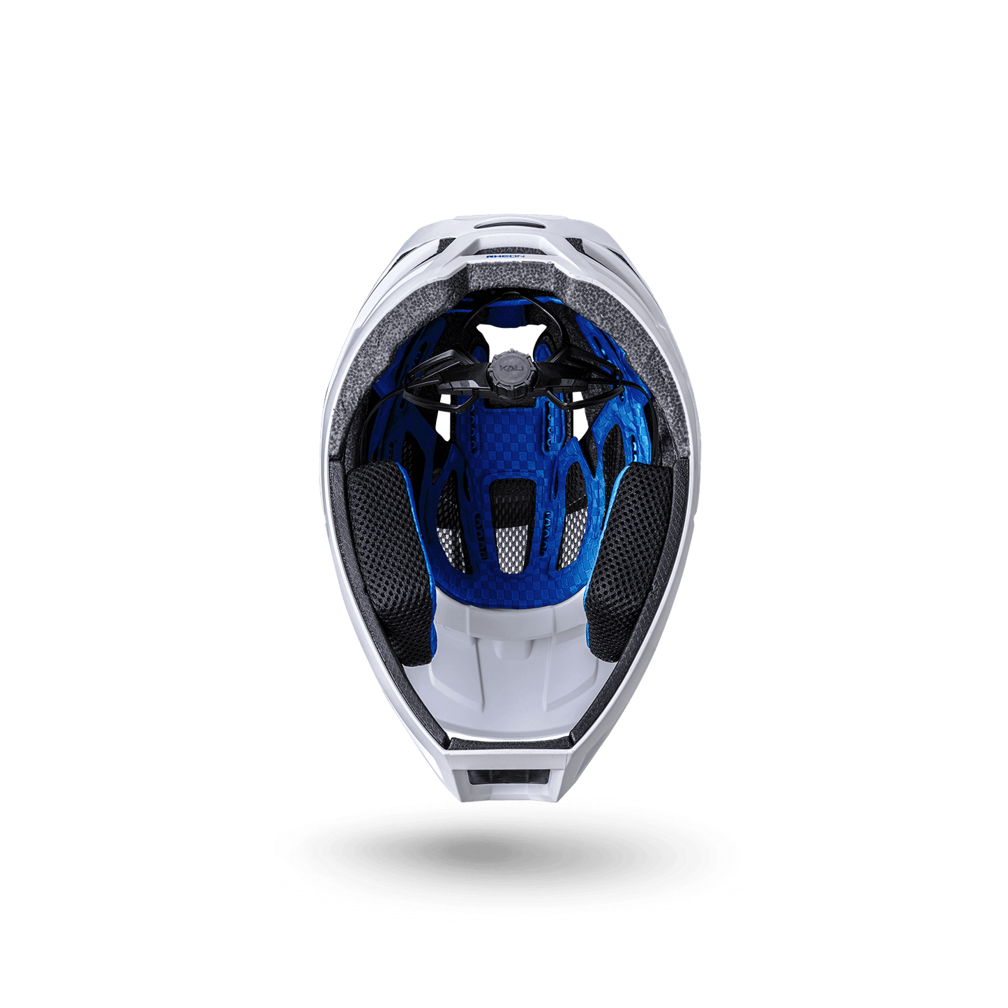 Inside view of the Invader 2.0 trail helmet, showcasing its blue and black interior design and ventilation features.