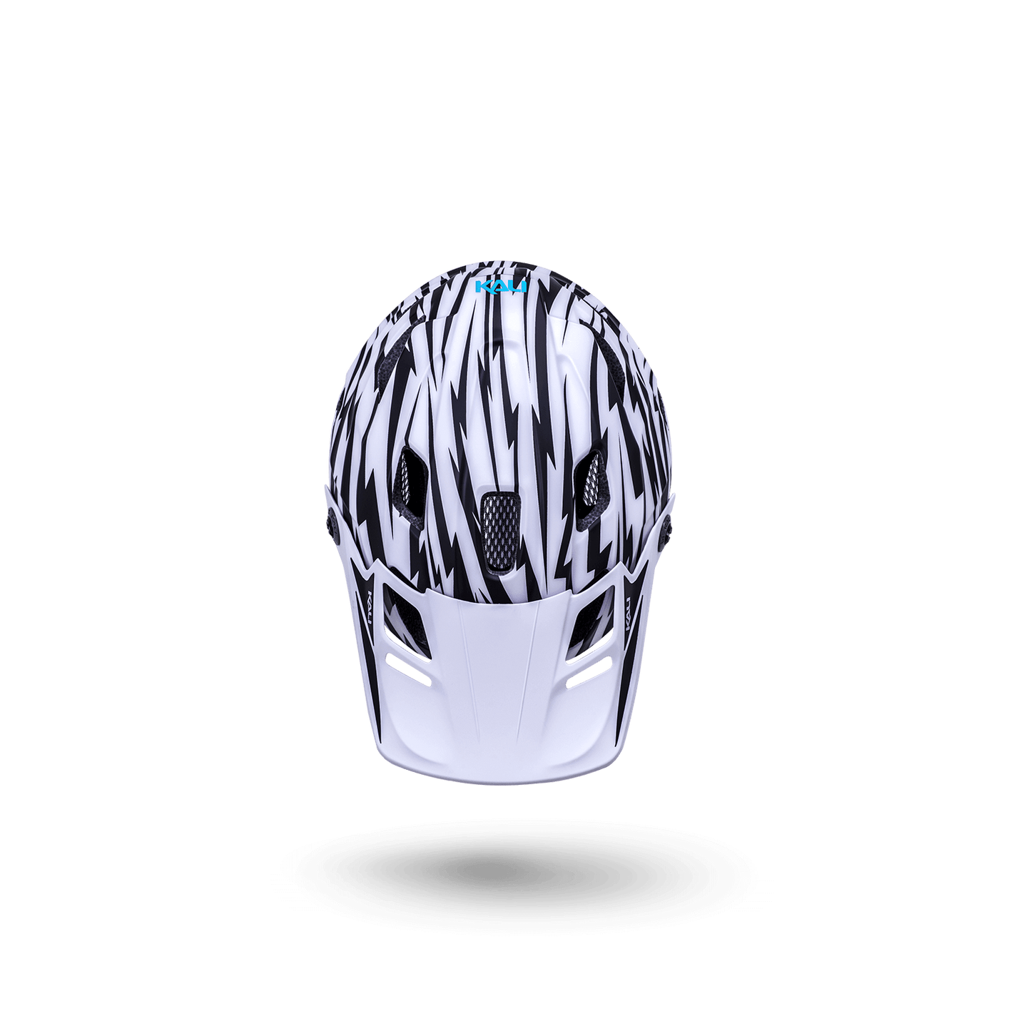 Maya Full Face Child helmet in white with black graphic design, perfect for kid's safety while hucking.