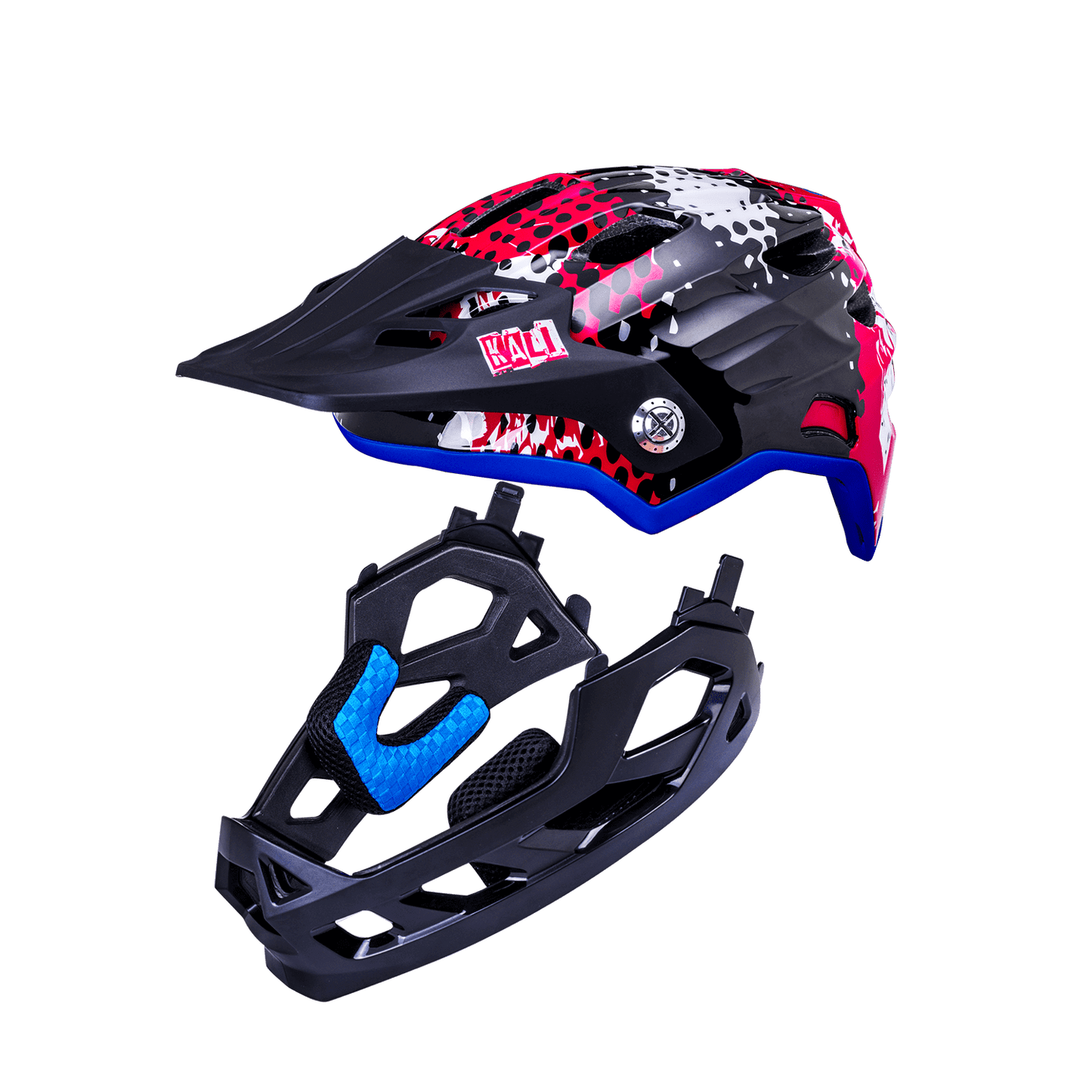 Maya Full Face Child helmet in red and black with removable chin guard, perfect for young riders.