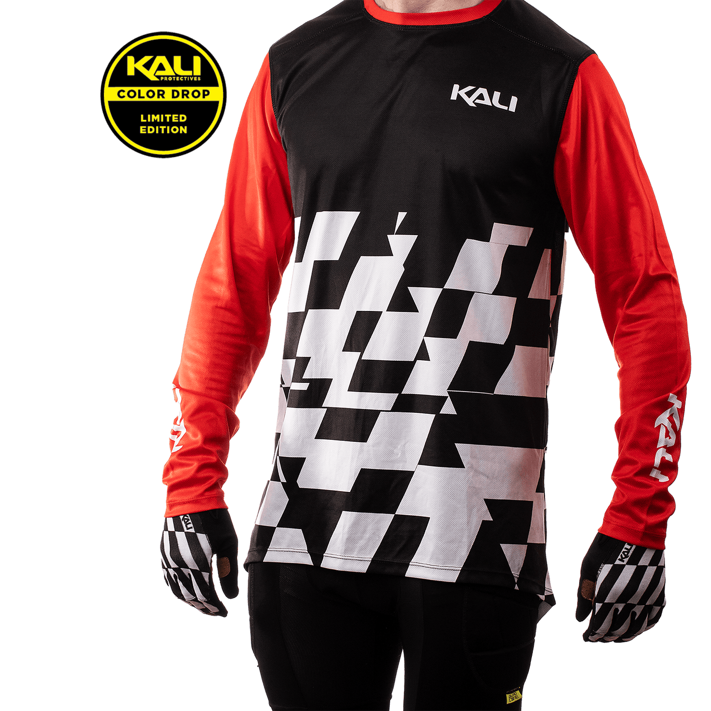 Limited edition Kali Podium jersey in black and red, featuring a modern geometric design and moisture-wicking fabric.