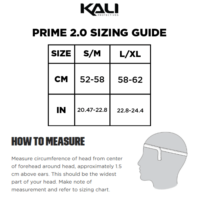 Prime 2.0 sizing guide detailing size options and measurement instructions for proper fit.