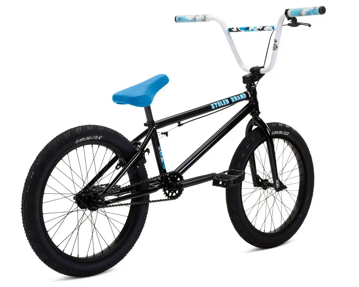Stolen Stereo 20" BMX bike in black and blue, featuring a high-tensile steel frame and aftermarket components.