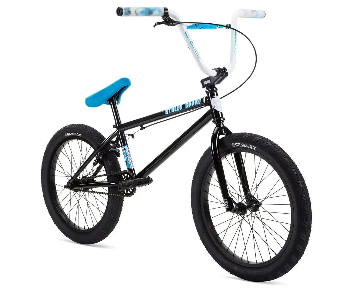 Stolen Stereo 20" BMX Bike with black frame and blue accents, featuring a high-tensile steel construction.
