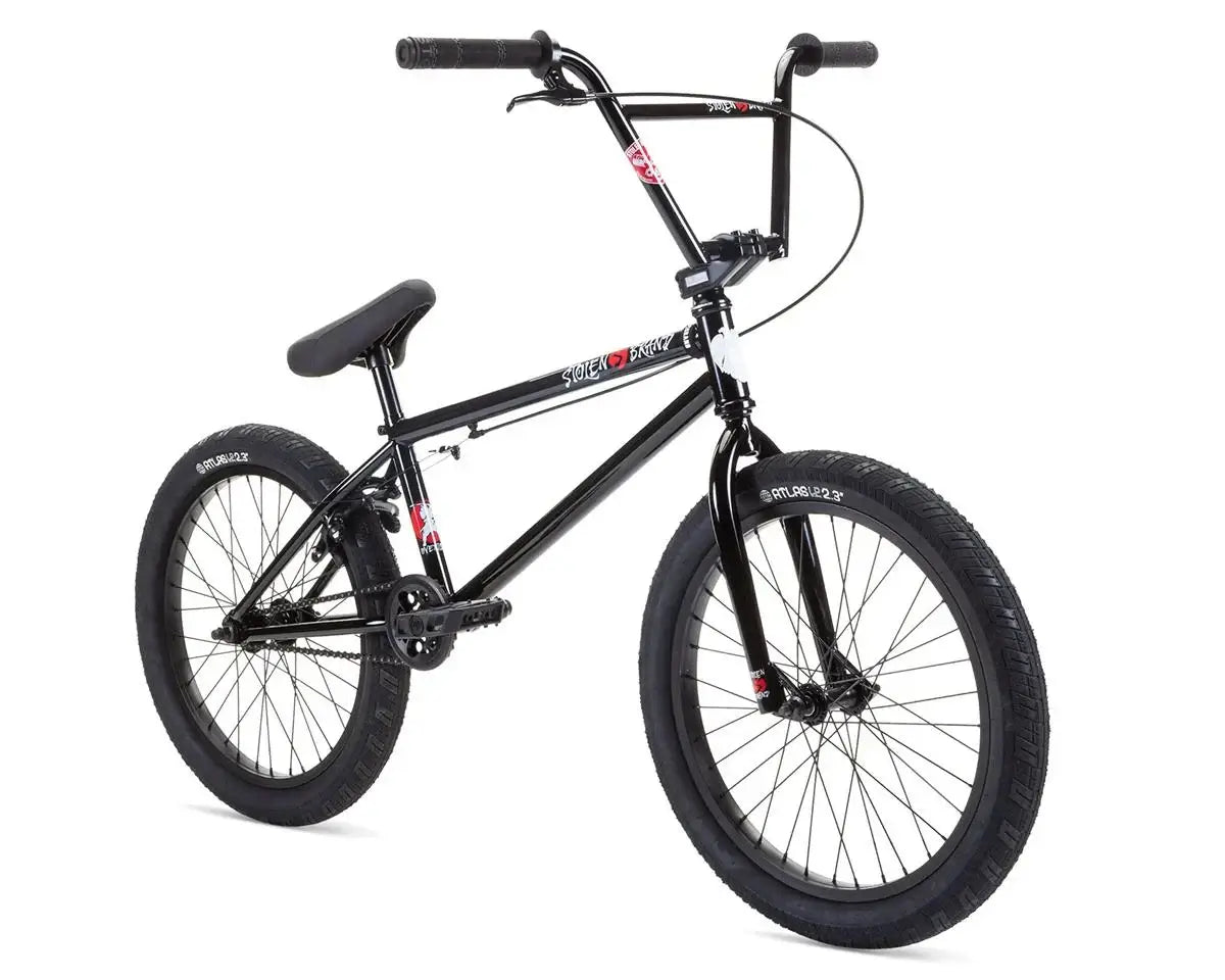 Stolen Overlord 20" BMX bike with high-tensile steel frame and Fiction Atlas Tires, ideal for performance and durability.
