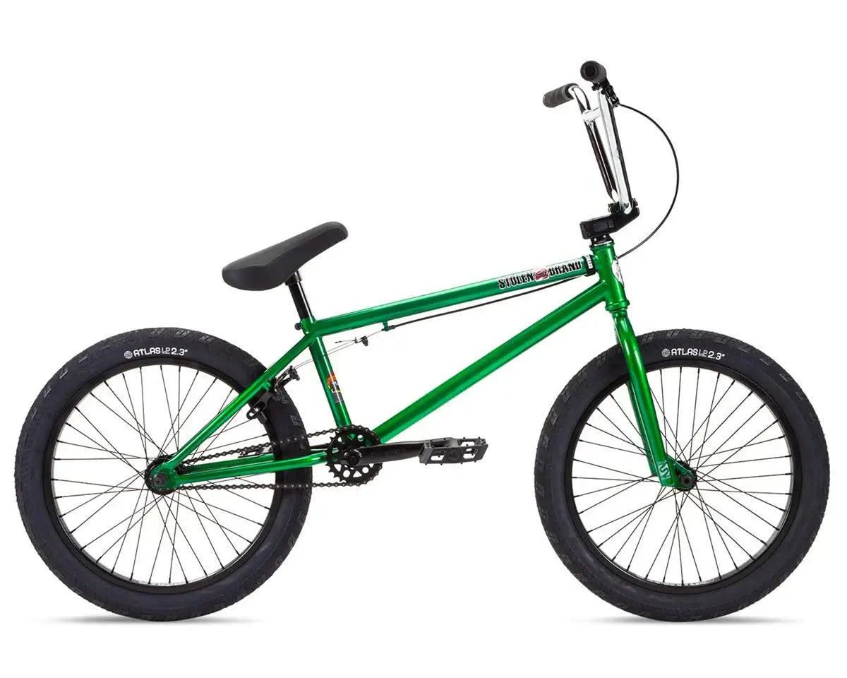 Stolen Heist 20" BMX bike in green color, featuring strong 4130 chromoly frame and pro-level components for experienced riders.