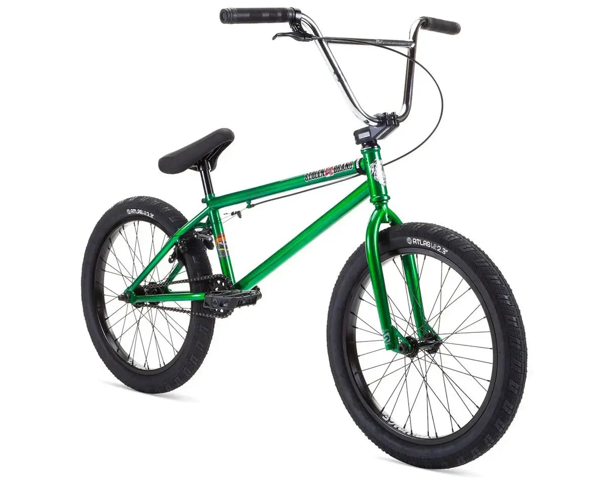 Stolen Heist 20" BMX bike in vibrant green color with black tires and handlebars, designed for experienced riders.