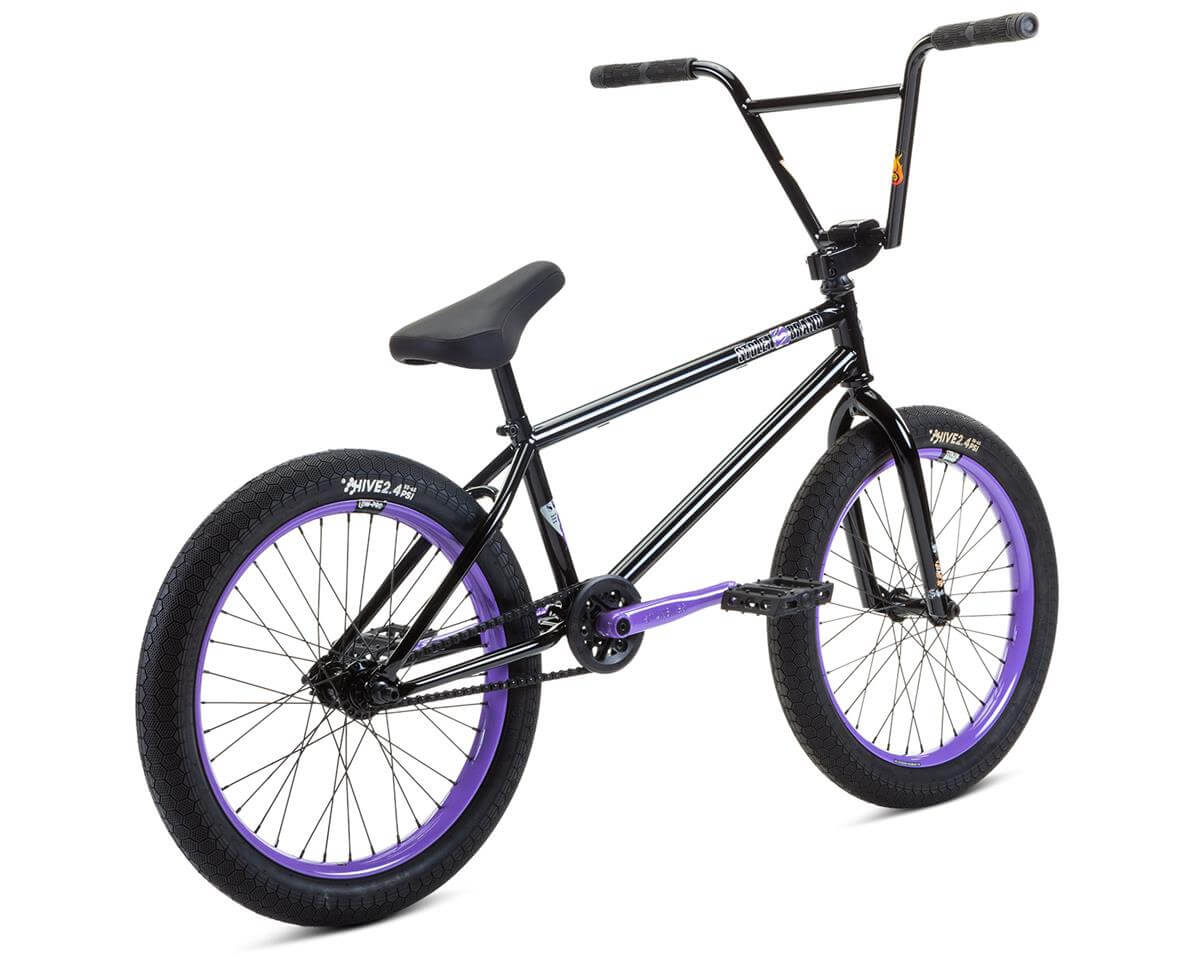 Stolen Sinner FC XLT 20" BMX bike with black frame and purple accents, designed for tall riders 5'8" and up.