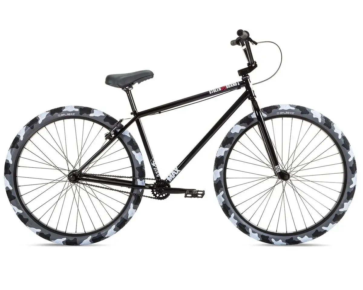Stolen Max 29" bike with black frame and camo-patterned tires, ideal for commuting and casual riding.
