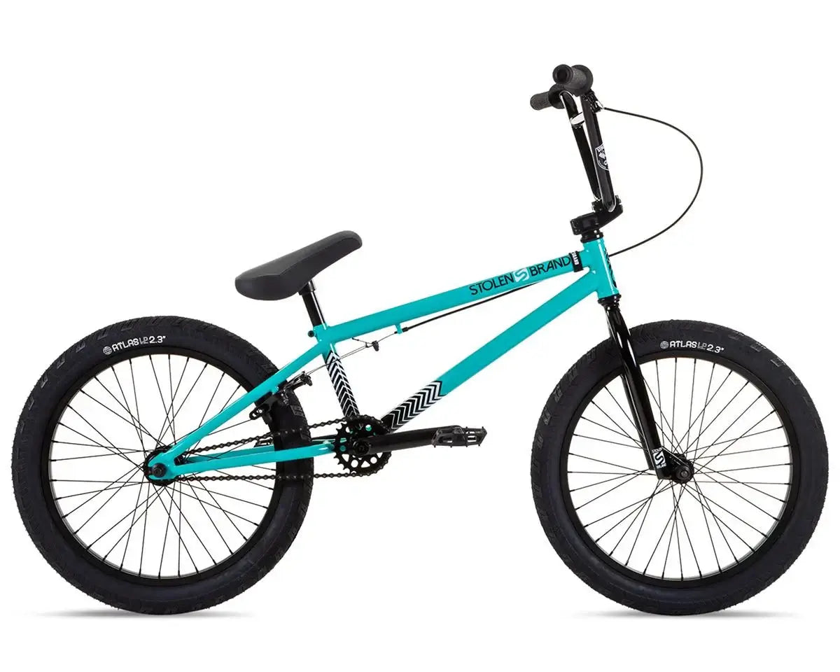 Stolen Compact 20" BMX Bike in turquoise with black wheels and graphics, designed for shorter riders.
