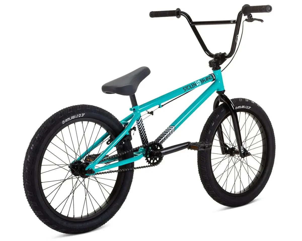 Stolen Compact 20" BMX Bike in teal color with black tires, designed for shorter riders to enhance riding technique.