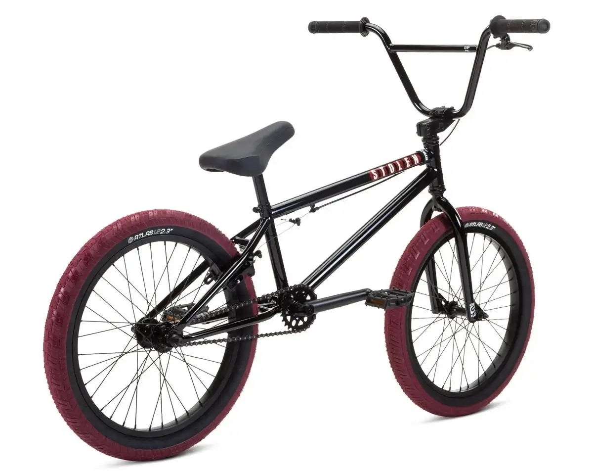 Stolen Casino 20" BMX bike with black frame and maroon tires, ideal for entry-level riders.