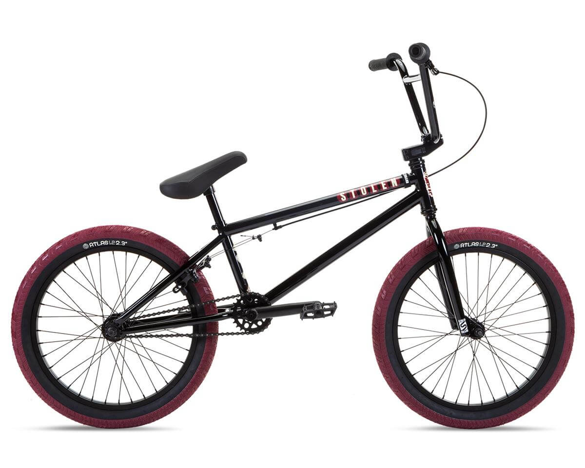 Stolen Casino 20" BMX Bike in black with burgundy tires, featuring modern geometry and 25x9 gear ratio.