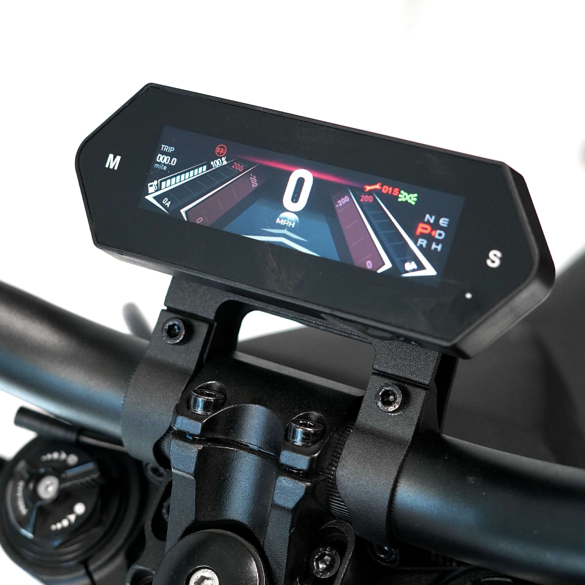Throne SRPNT e-DIRT BIKE digital display showing speed, trip info, and battery status.