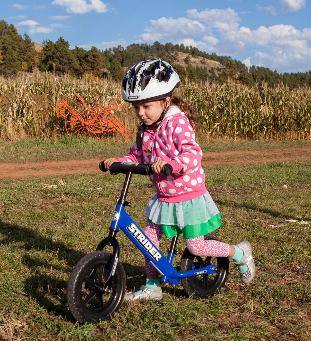 Child riding a Strider bike wearing a splash design helmet in a scenic outdoor setting.