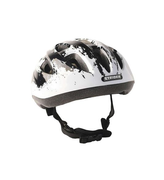 Strider Splash Helmet with black and white splash design, featuring adjustable dial and padded sweatband for kids.