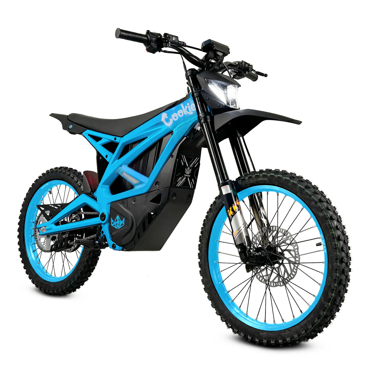 Cookies Throne SRPNT e-DIRT BIKE in blue, showcasing a sleek design, advanced features, and robust tires for an electrifying ride.