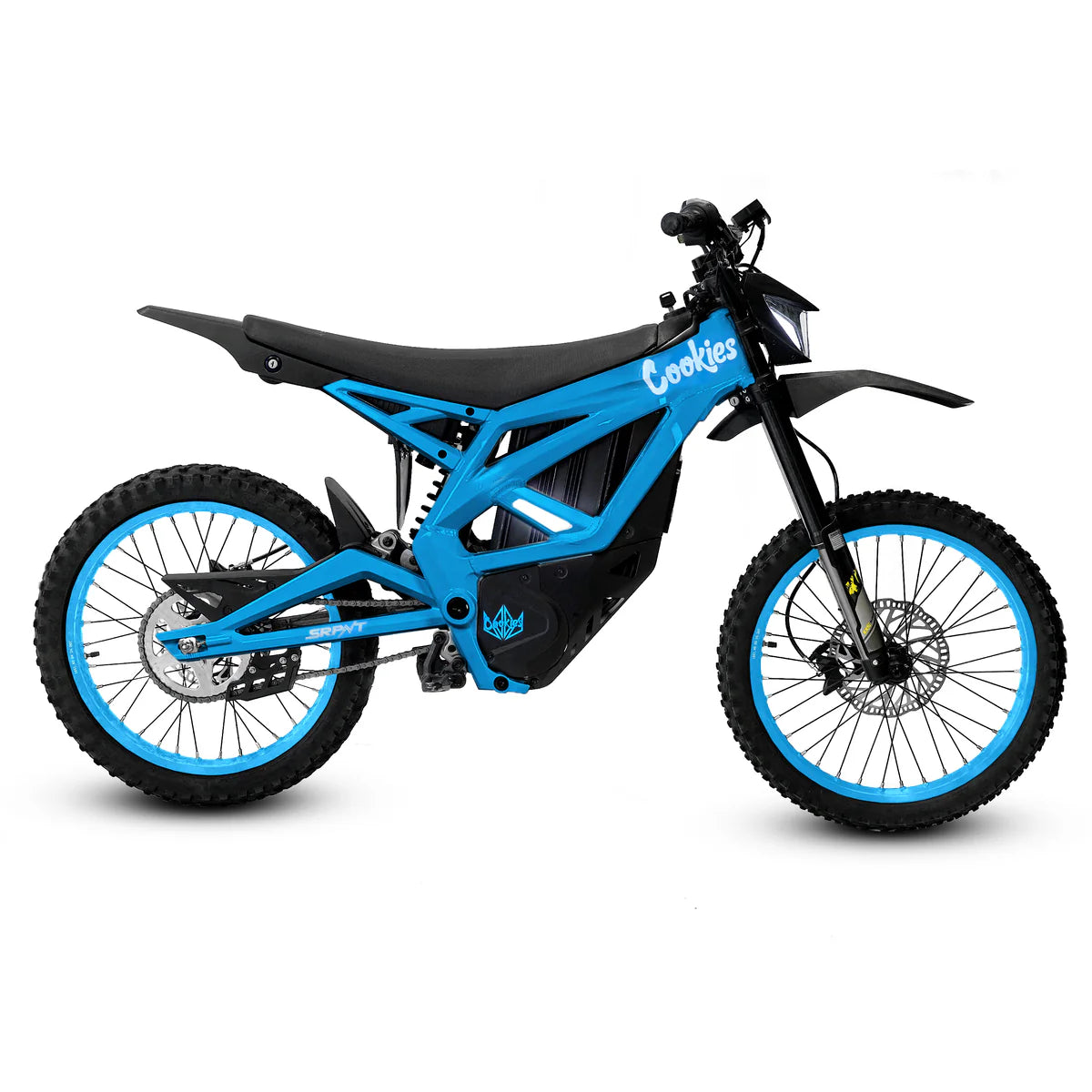 Cookies Throne SRPNT e-DIRT BIKE in blue, showcasing its custom alloy frame and electric power features.