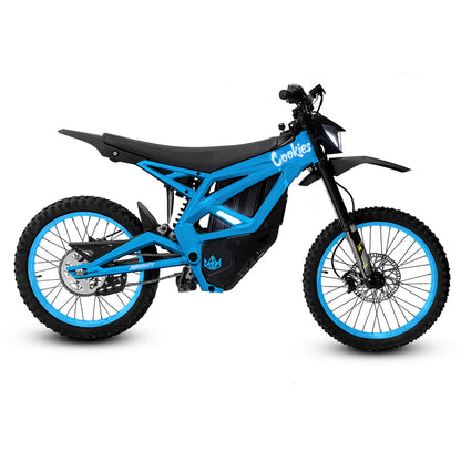Cookies Throne SRPNT e-DIRT BIKE in blue, showcasing its custom alloy frame and electric power features.